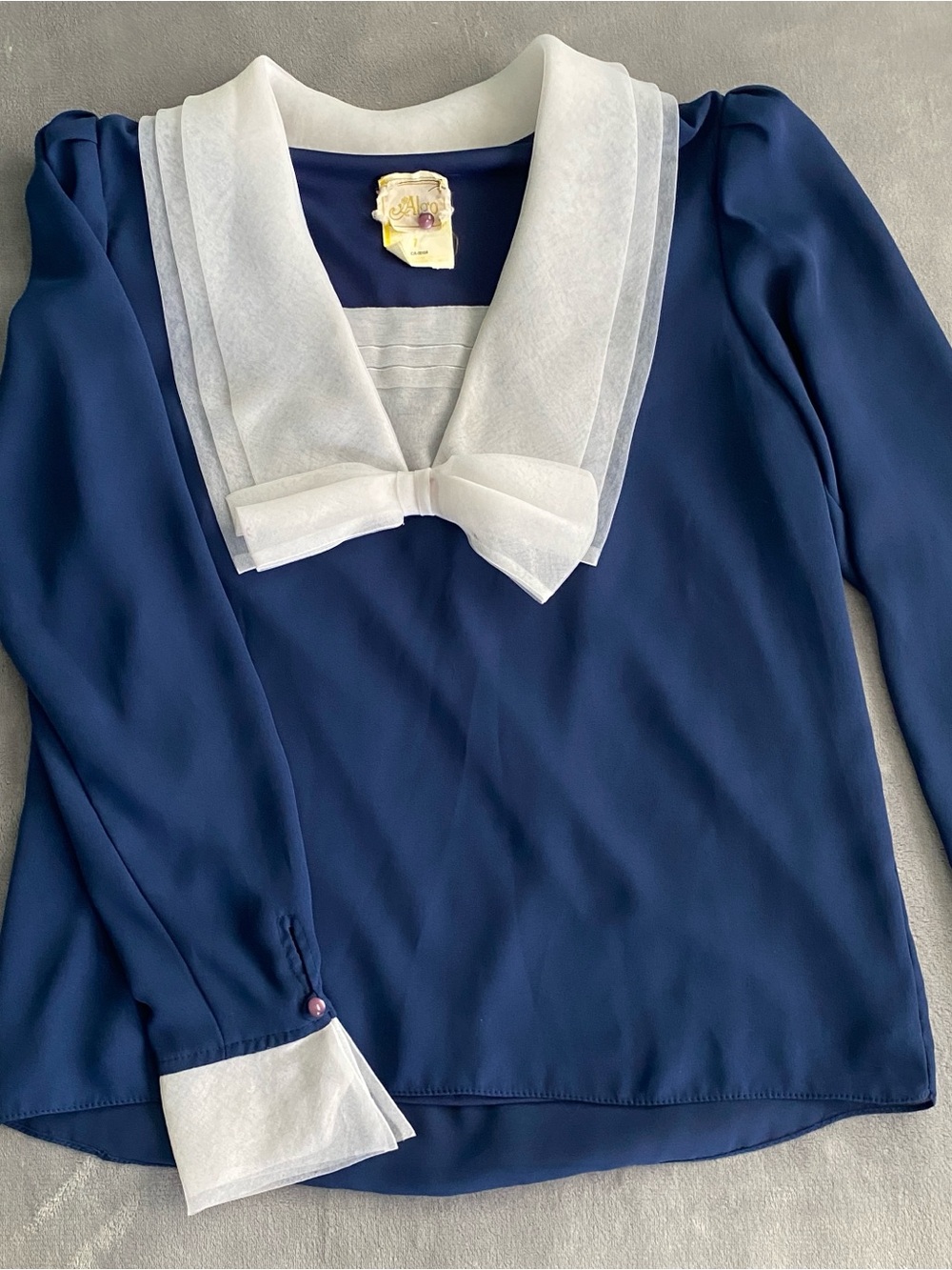 80s Vintage Algo Navy Blue Sailor Collar Blouse with White Trim